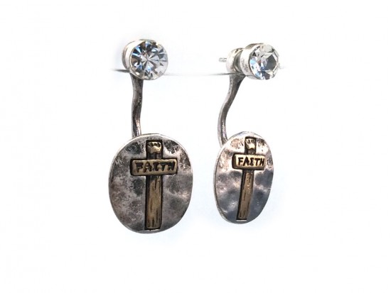 2-Tone Crystal Cross Oval FAITH Post Earring Jacket