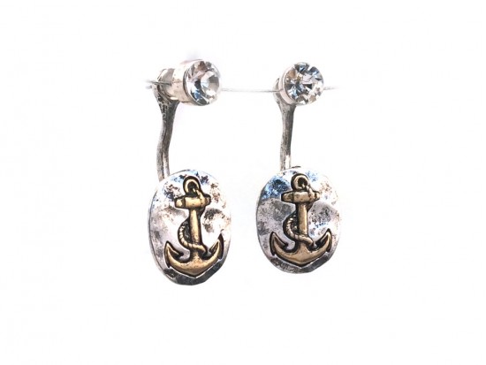 2-Tone Oval Anchor Clear Crystal Post Earring Jacket