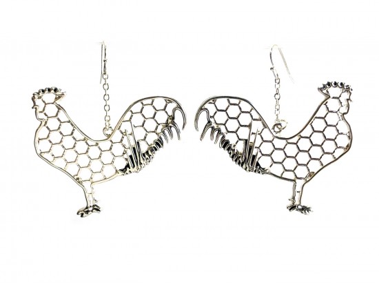 Silver Rooster Mesh Pattern Hook Earrings