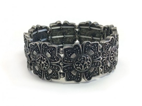 Antique Silver Filigree Square Flower Stretch Bracelet