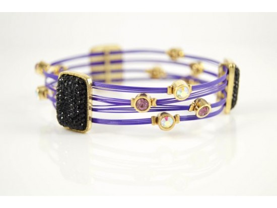 Jet Pave Charm & Purple Tigertail Wire Gold Plate Bracelet