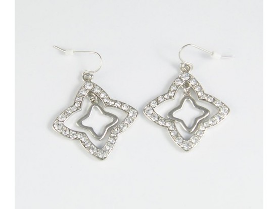 Antique Silver Plate Alhambra Clover-Like Cut Out Cry Hoop Earrings