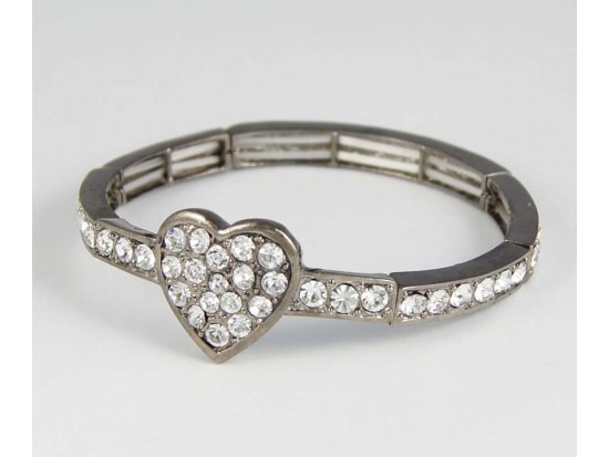 Gun Metal Finish Crystal Heart Stretch Bracelet