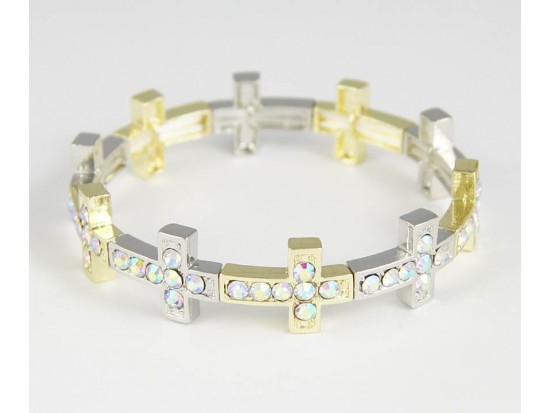 Silver & Gold Plate AB Crystal 14x18mm Cross Stretch Bracelet