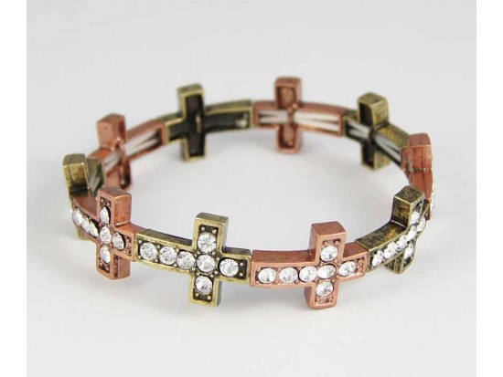 Antique Copper & Gold Plate Crystal 14x18mm Cross Stretch Bracelet