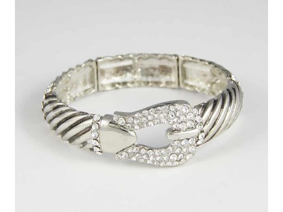 Antique Silver Plate Crystal Buckle Roped Stretch Bracelet