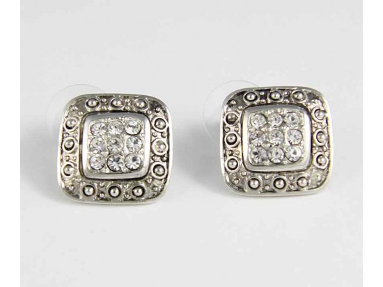 Antique Silver Plate 18mm Square Filigree & Crystal Post Earrings
