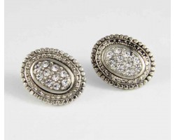 Antique Silver Plate Oval Filigree & Crystal Post Earrings