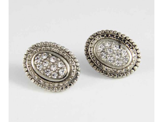 Antique Silver Plate Oval Filigree & Crystal Post Earrings Antique Silver Plate Oval Filigree & Crystal Post Earrings