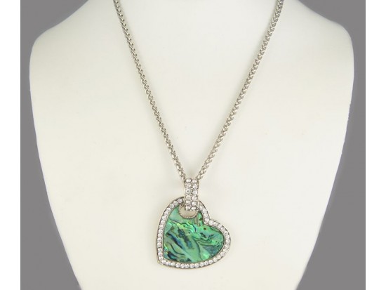 Silver Plate Heart Mother of Pearl & Crystal Chain Necklace
