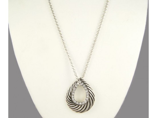 Antique Silver Plate Open Cut Teardrop & Crystal Charm Necklace Antique Silver Plate Open Cut Teardrop & Crystal Charm Necklace
