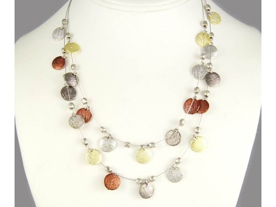 Tri Color Round Etched & Silver Bead Tigertail Necklace Set Tri Color Round Etched & Silver Bead Tigertail Necklace Set