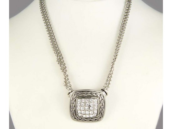 Antique Silver Plate Square Rope & Crystal Pendant Double Chain Necklace Set