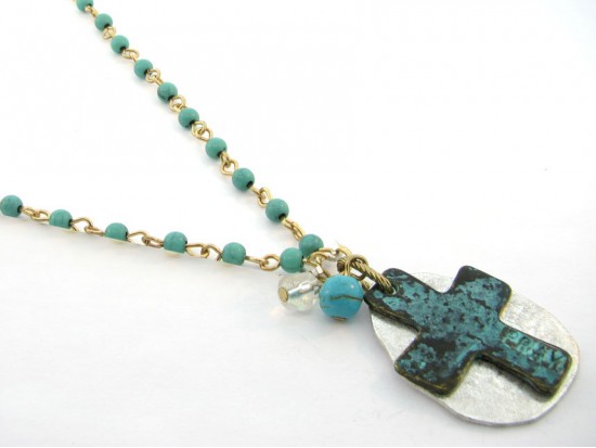 Patina Distressed Pray Cross Token Turquoise Necklace