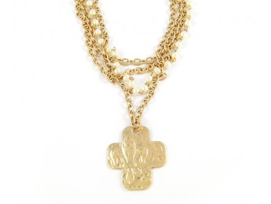 Distressed Antique Gold Plate Fleur De Lis Cross Strand Necklace