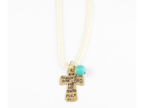 Distressed Antique Gold Plate Psalm 107:1 Cross Pearl Necklace