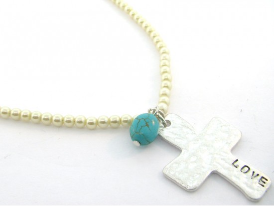 Distressed Antique Silver Love Cross Pearl Necklace