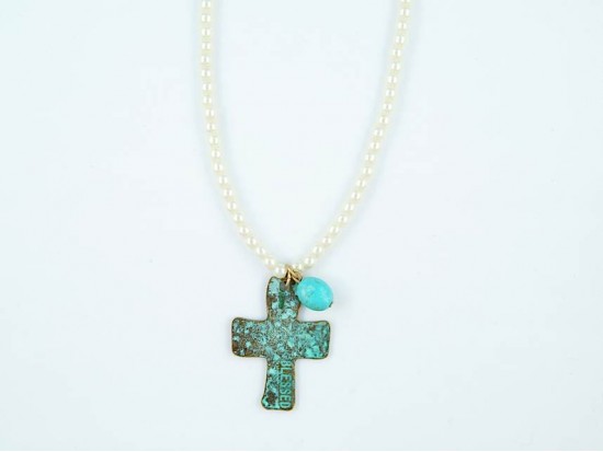 Patina Distressed Blessed Cross Pearl Necklace