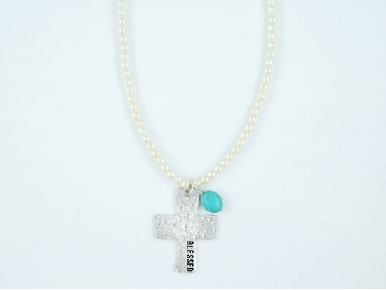 Antique Silver Distressed Blessed Cross Pearl Necklace