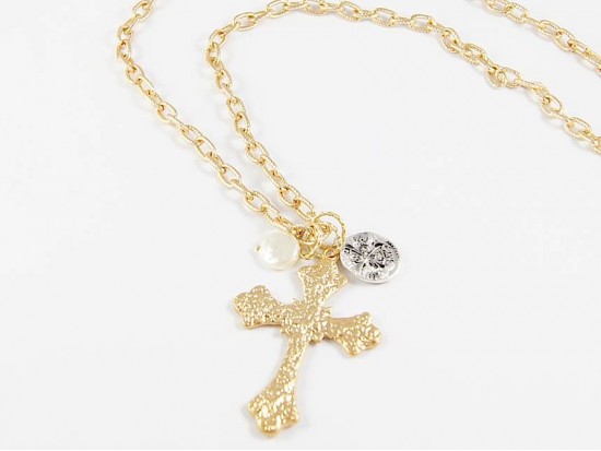 Distressed GP Lg Cross & Coin Necklace