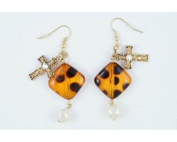 Tortoise Diamond Gold Cross Pearl Earrings