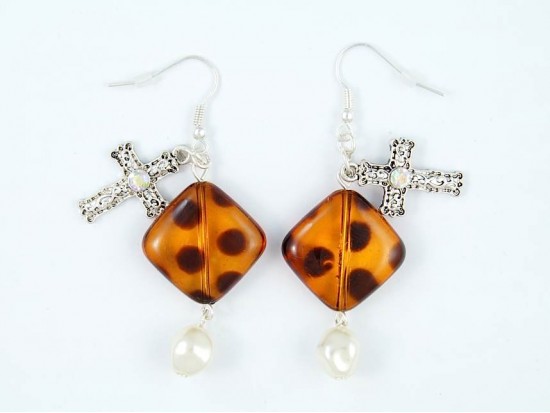 Tortoise Diamond Silver Cross Pearl Earrings