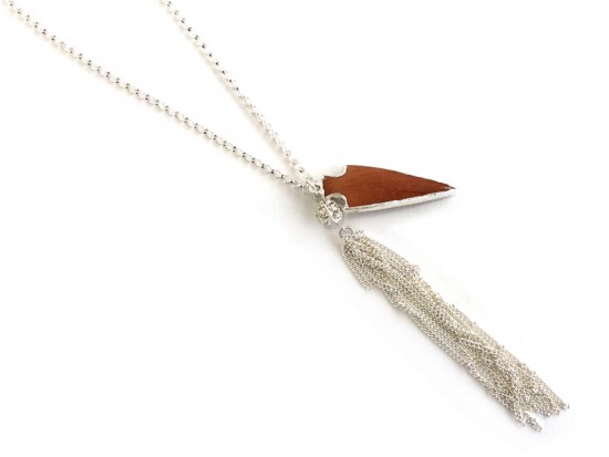 Wood Arrowhead Silver Tassel Necklace
