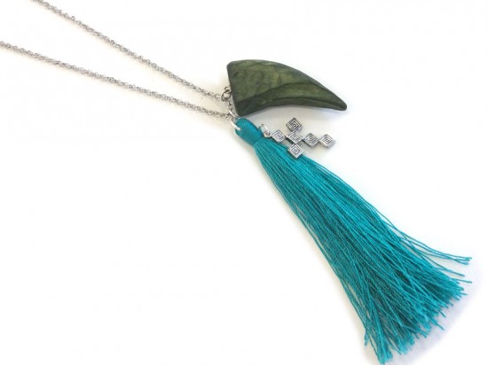 Turquoise Tassel Wood Horn Cross Silver Necklace