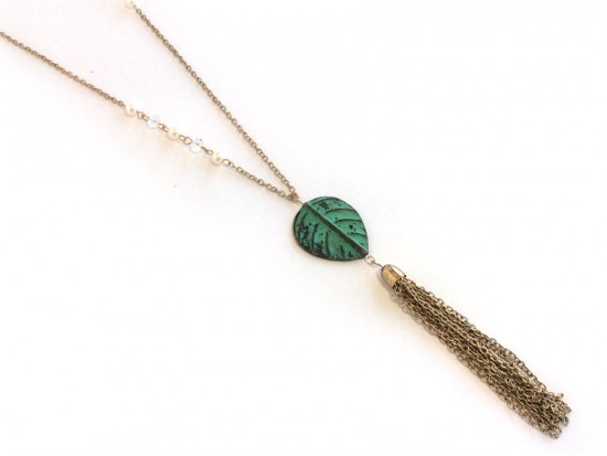 Patina Leaf Pearl Antique Gold Tassel Chain Necklace