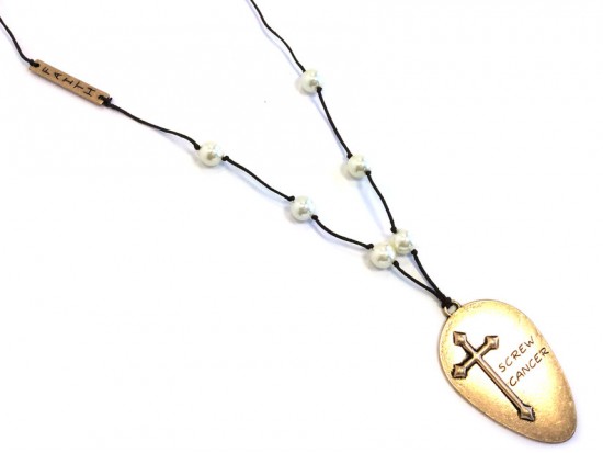 Gold Matt Spoon Cross SCREW CANCER Leather Necklace