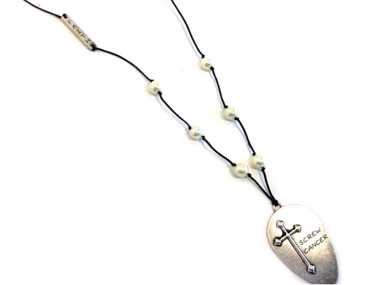 Silver Matt Spoon Cross SCREW CANCER Leather Necklace