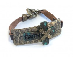 Antique Gold Cross FAITH Brown Leather Bracelet