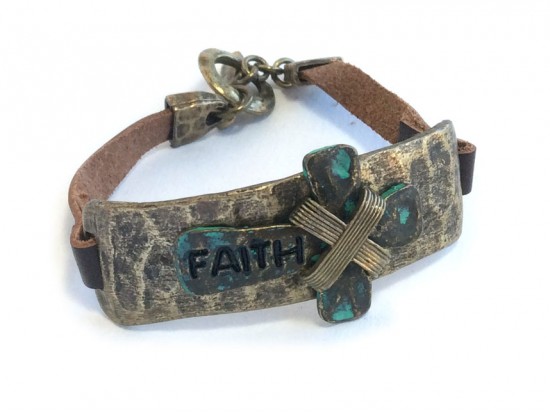 Antique Gold Cross FAITH Brown Leather Bracelet