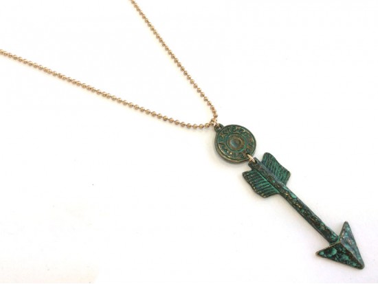 Patina Green Arrow Gold Plate Ball Chain Necklace