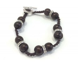 Brown Wood Woven Leather Crystals Bracelet