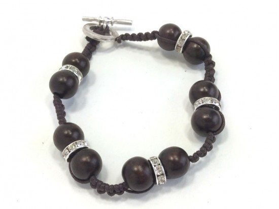 Brown Wood Woven Leather Crystals Bracelet