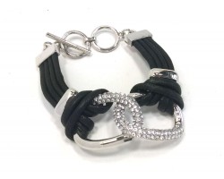 Silver Crystal Pave 2 Rings Brown Leather Bracelet
