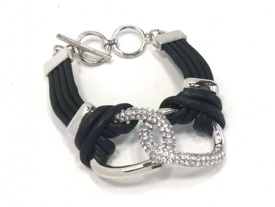 Silver Crystal Pave 2 Rings Brown Leather Bracelet Silver Crystal Pave 2 Rings Brown Leather Bracelet