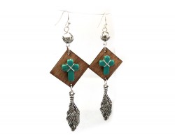 Brown Wood Turquoise Cross Silver Feather Earrings