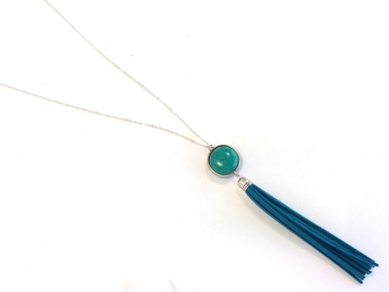 Turquoise Disc Leather Tassel Chain Necklace Turquoise Disc Leather Tassel Chain Necklace