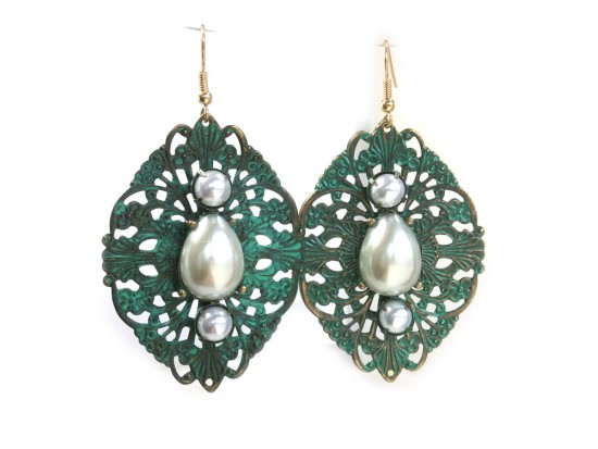 Patina Pearls Filigree Stamping Hook Earrings Patina Pearls Filigree Stamping Hook Earrings