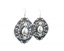 Silver Pearl Filigree Stamping Hook Earrings