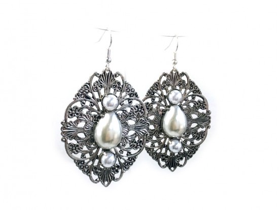 Silver Pearl Filigree Stamping Hook Earrings Silver Pearl Filigree Stamping Hook Earrings