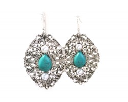 Silver Turquoise Filigree Stamping Hook Earrings