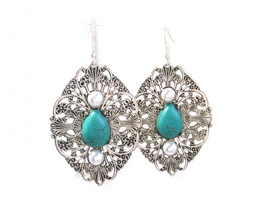 Silver Turquoise Filigree Stamping Hook Earrings