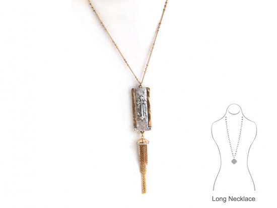 Two Tone Cross Rectangle Tassel Chain Necklace