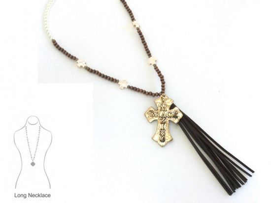 Wood Pearl Tassel Cross Amazing Grace Necklace Wood Pearl Tassel Cross Amazing Grace Necklace