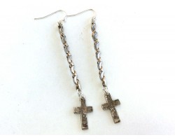 2-Tone Wire Wrapped Bar Cross Charm Hook Earrings