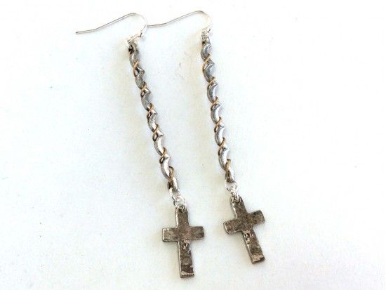 2-Tone Wire Wrapped Bar Cross Charm Hook Earrings