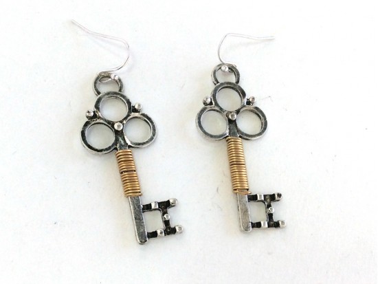 Silver Key Gold Wire Wrap Hook Earrings